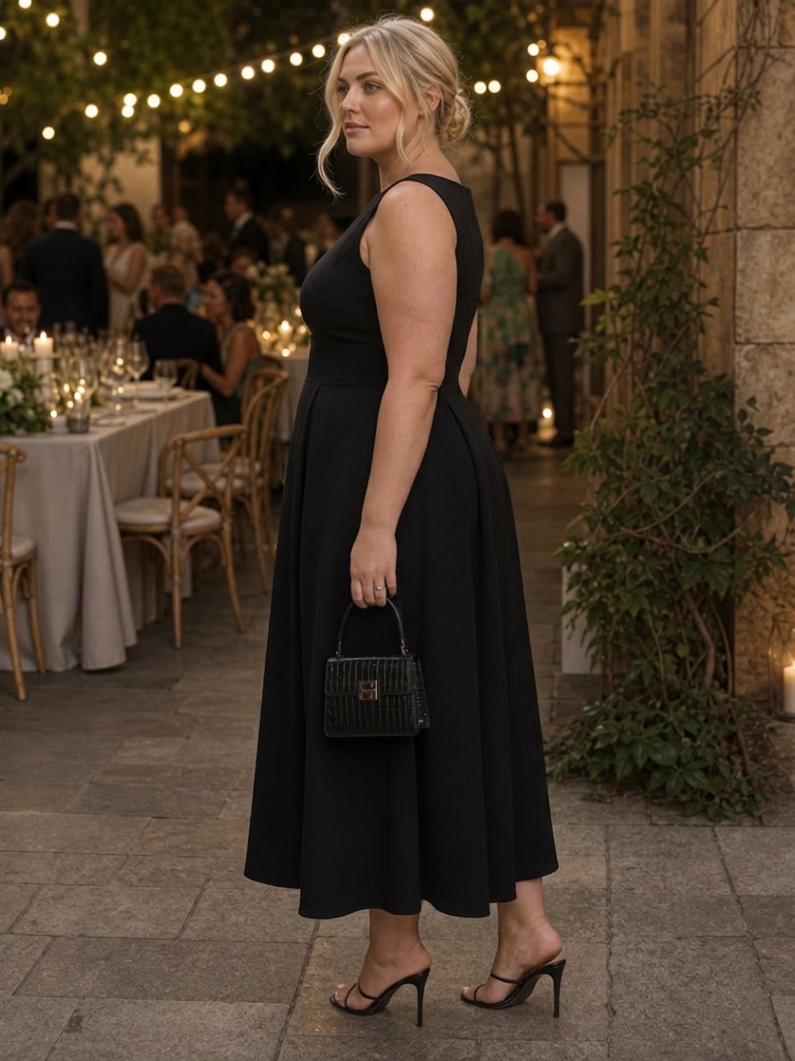 Isadora | Ärmless Crew Neck Fitted Bodice Midi Klänning