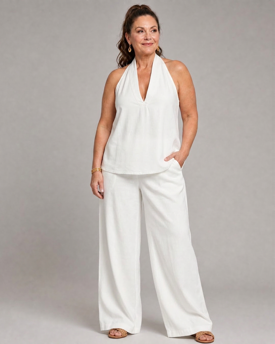Opaline | Halterneck Denim Top och Vida Byxor Set