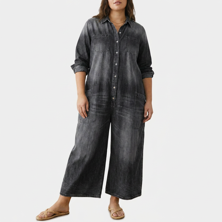 Pearl | Vintage Tvättad Mjuk Bomullsdenim Jumpsuit med Knäppning