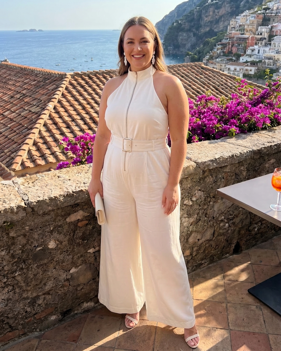 Fleur | Bälteshöjd Hög Nacke Bred Ben Ärmfri Jumpsuit