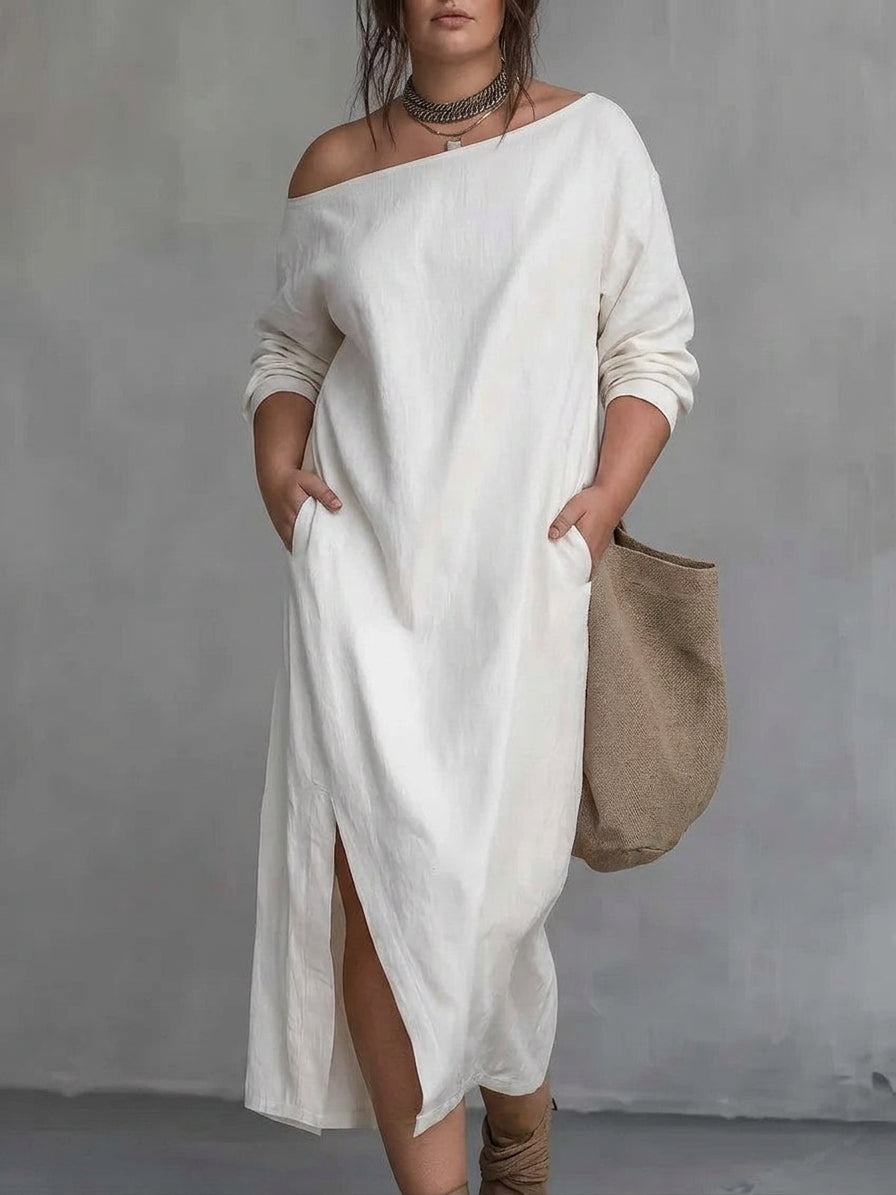 Kaia Off-Shoulder Slit Dress: Modern Minimalistisk Elegans
