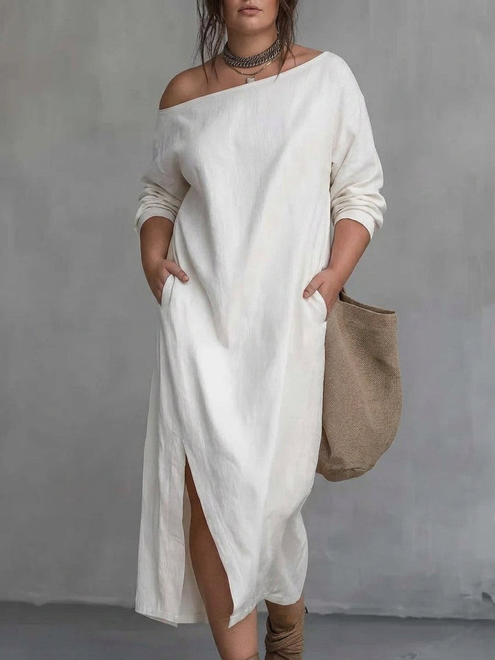 Kaia Off-Shoulder Slit Dress: Modern Minimalistisk Elegans