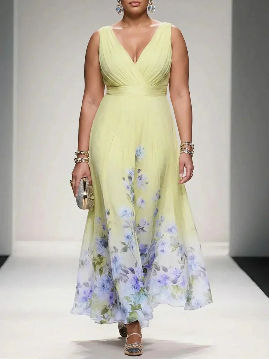 Salma | Ljusblå Blommig Chiffon V-ringad Maxiklänning