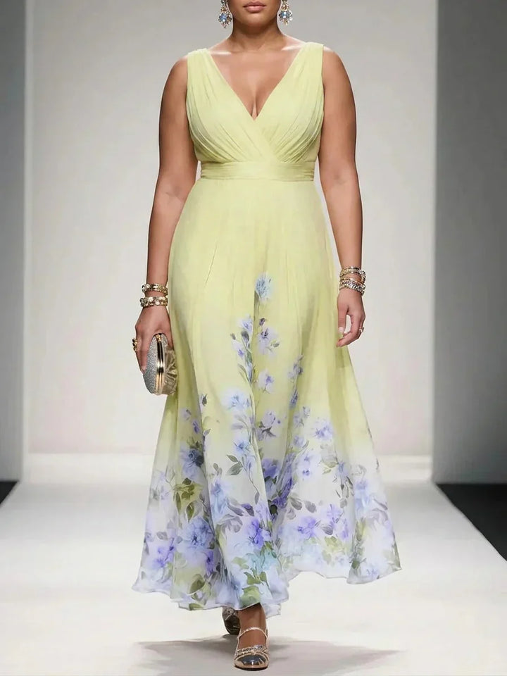 Salma | Ljusblå Blommig Chiffon V-ringad Maxiklänning