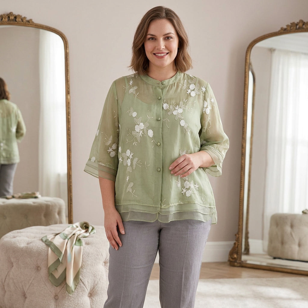 Delia | Elegant Topp med Broderade Blommor