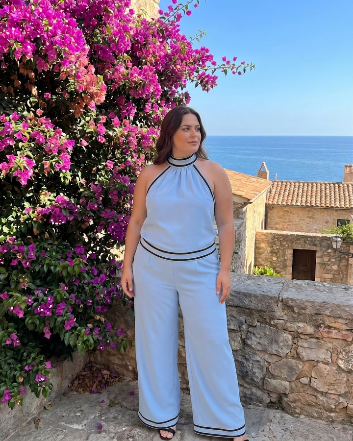 Saffran | Kontrastdetalj Halterneck Vidben Jumpsuit