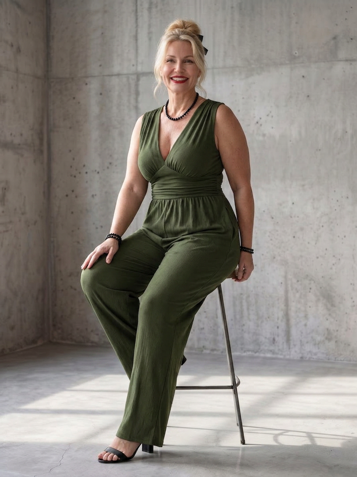 Tegan | Djup V-midja Definierad Vida Byxor Jumpsuit