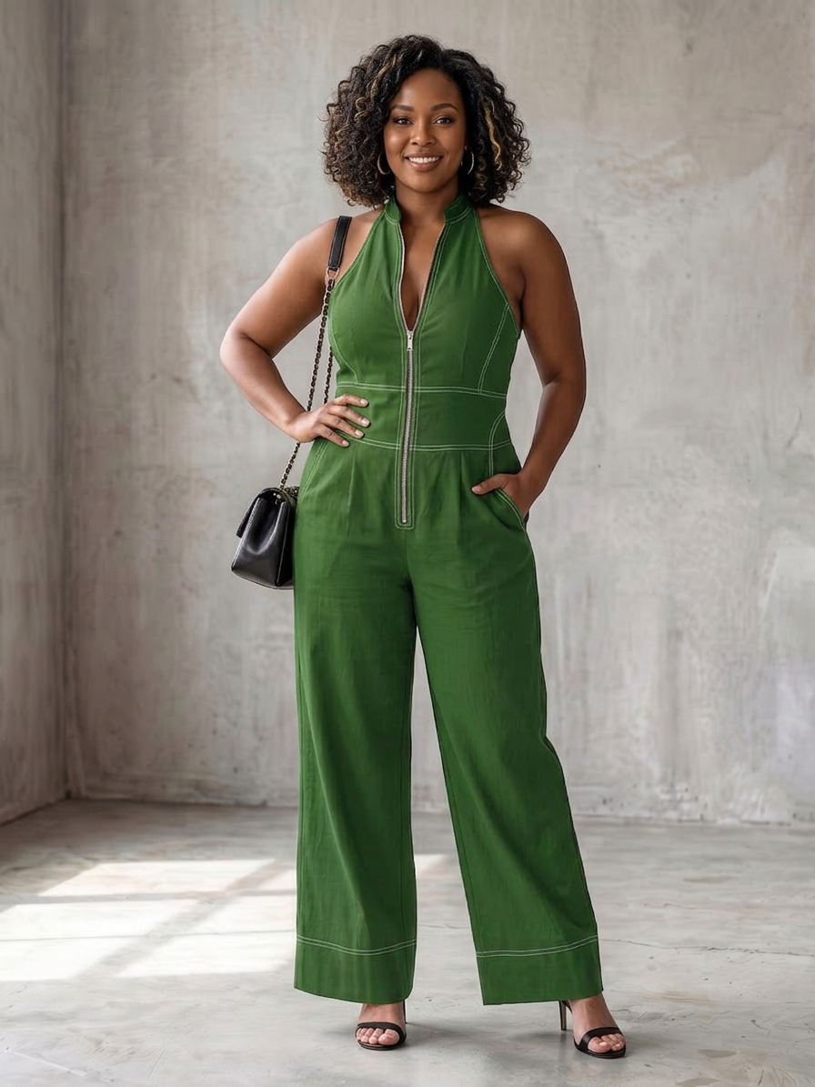 Nell | Zip Framsidan Kontrast Sömnad Bred Ben Jumpsuit