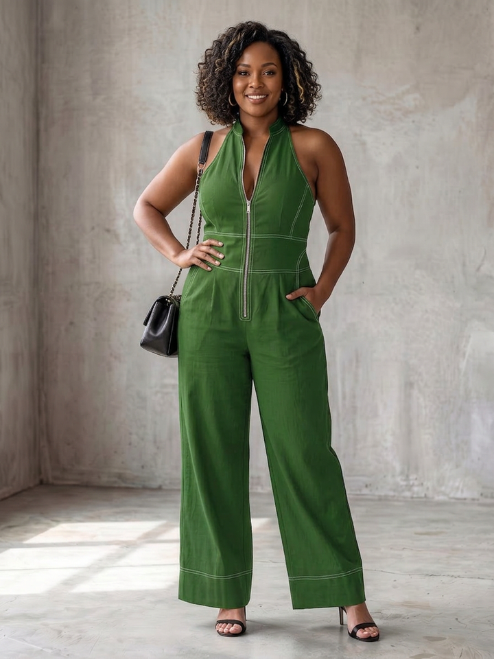Nell | Zip Framsidan Kontrast Sömnad Bred Ben Jumpsuit