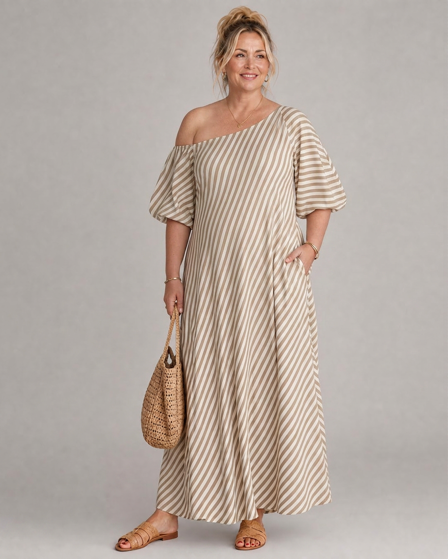 Seraphina | Randig Off Shoulder Puffärmad Midiklänning
