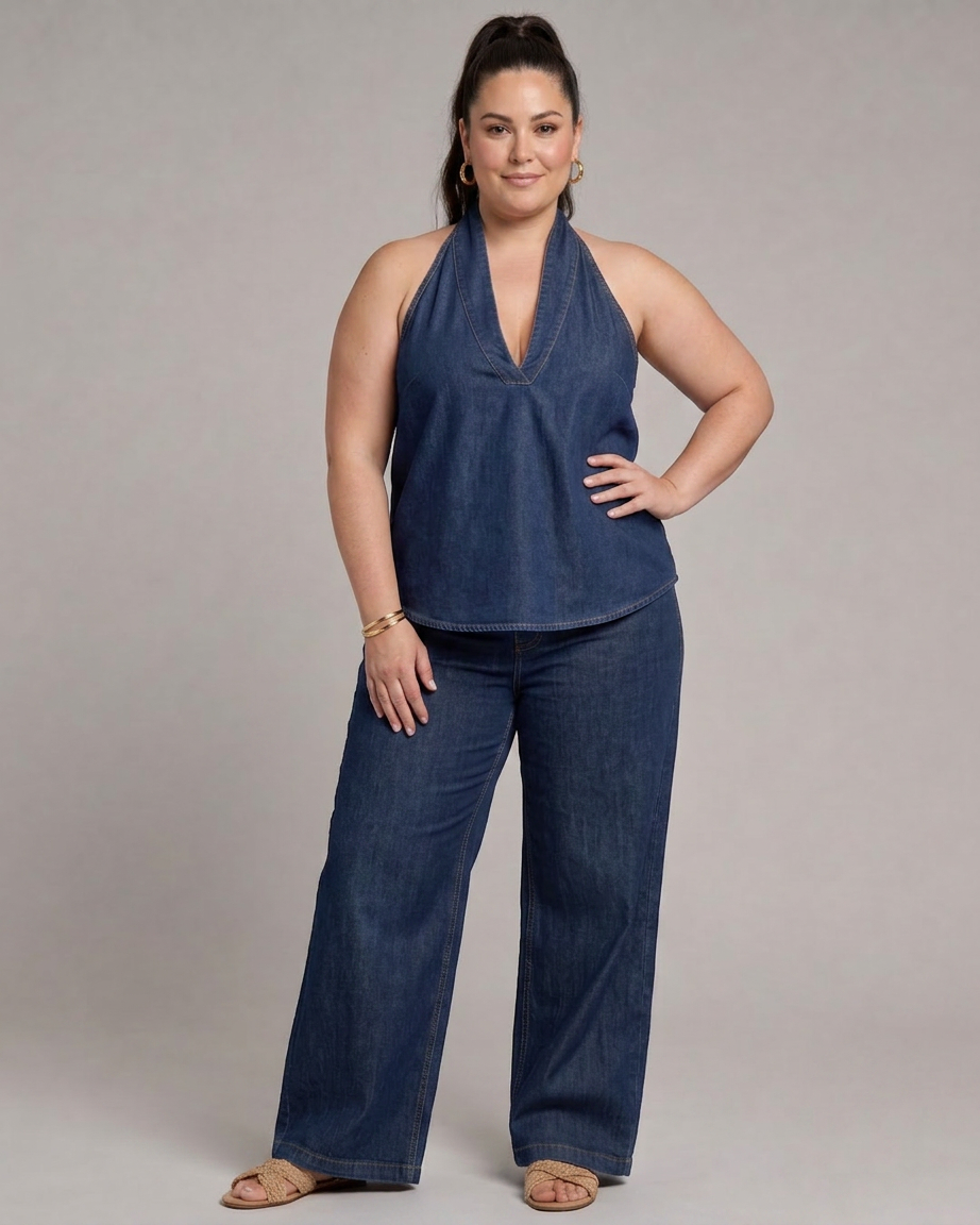 Opaline | Halterneck Denim Top och Vida Byxor Set