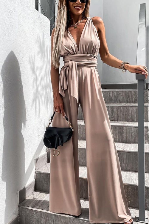Edith - Enfärgad Slim V-Hals Snörning Ärmfri Jumpsuit