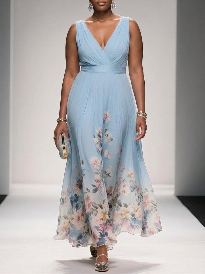 Salma | Ljusblå Blommig Chiffon V-ringad Maxiklänning