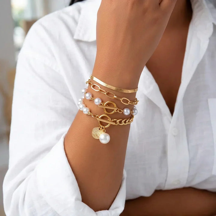 Fauna Gold 4-delars armbandset - Orm, Pärlor &amp; Länkar | Guld