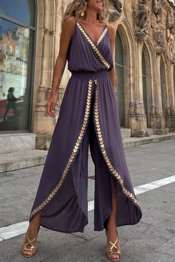 Irina - Tamia Guld Trim Elastisk Midja Slits Vid Ben Slip Jumpsuit