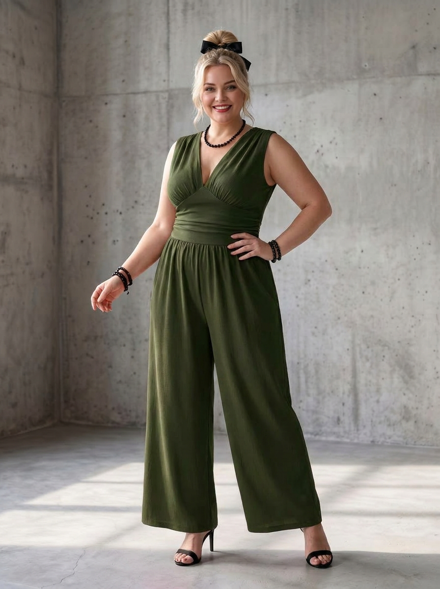 Tegan | Djup V-midja Definierad Vida Byxor Jumpsuit