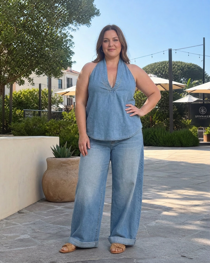 Opaline | Halterneck Denim Top och Vida Byxor Set
