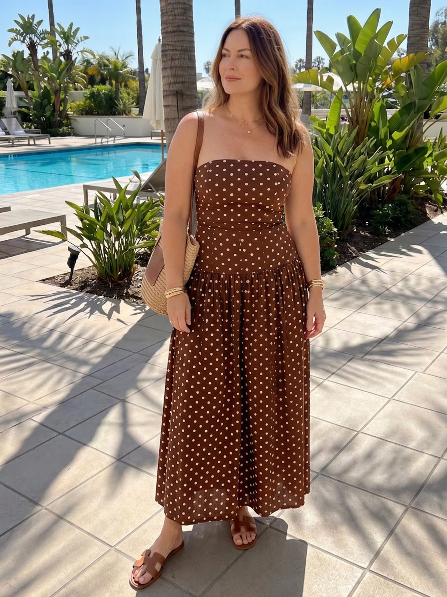 Olwen | Strapless Polka Dot Pattern Midi Klänning