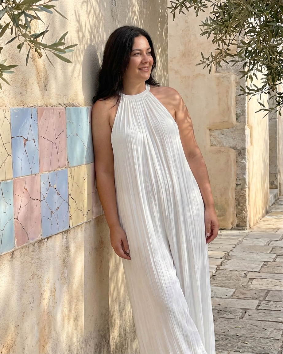 Wanda | Plisserad Halterneck Vid Ben Avslappnad Jumpsuit