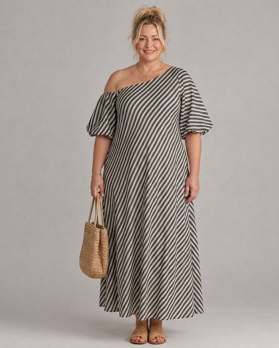Seraphina | Randig Off Shoulder Puffärmad Midiklänning
