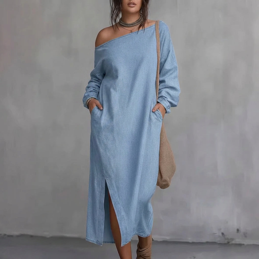 Kaia Off-Shoulder Slit Dress: Modern Minimalistisk Elegans