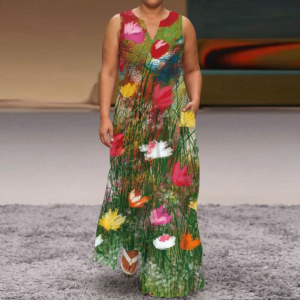 Faye | Ärmlös Blommig Maxi Klänning