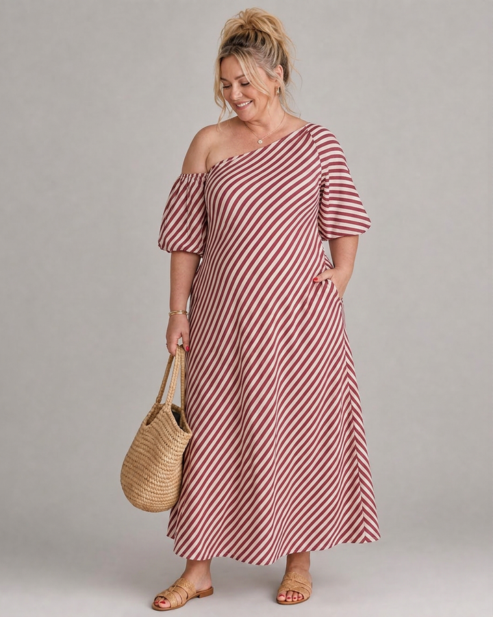 Seraphina | Randig Off Shoulder Puffärmad Midiklänning