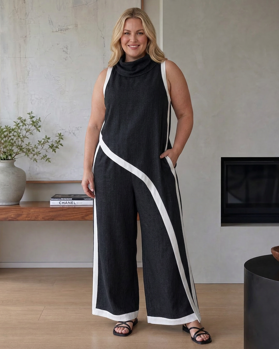 Genevieve | Kontrastkantad ärmlös lager-top och vida byxor set
