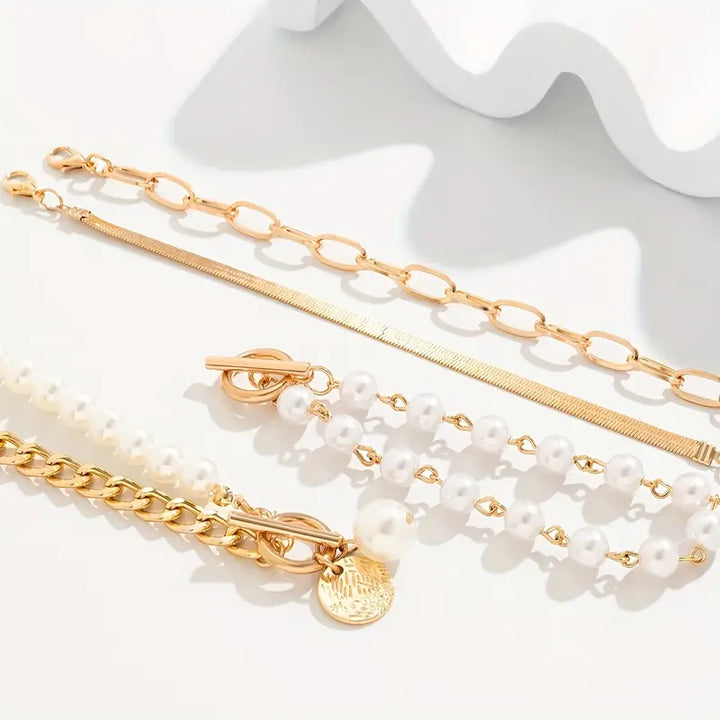 Fauna Gold 4-delars armbandset - Orm, Pärlor &amp; Länkar | Guld