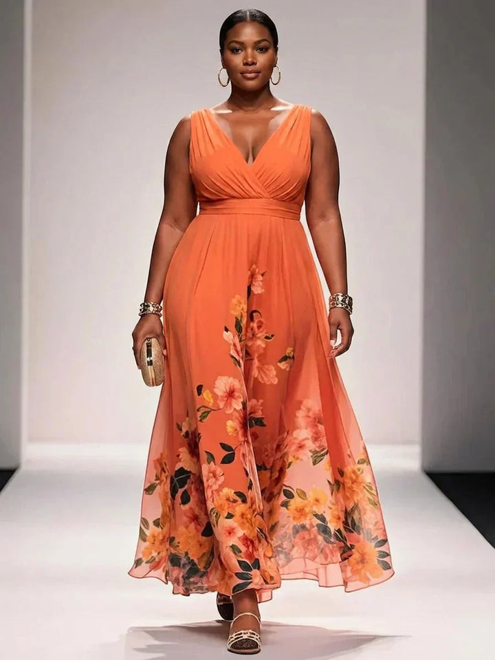 Salma | Ljusblå Blommig Chiffon V-ringad Maxiklänning