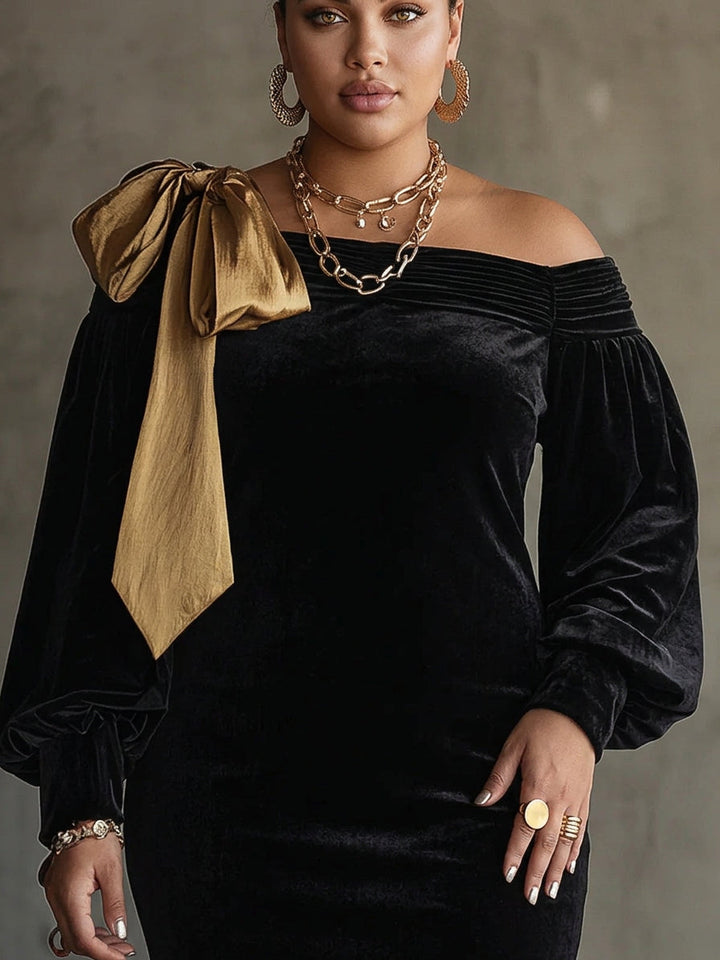 Svart Sammet och Guld Siden Patchwork Off-Shoulder Mini Klänning