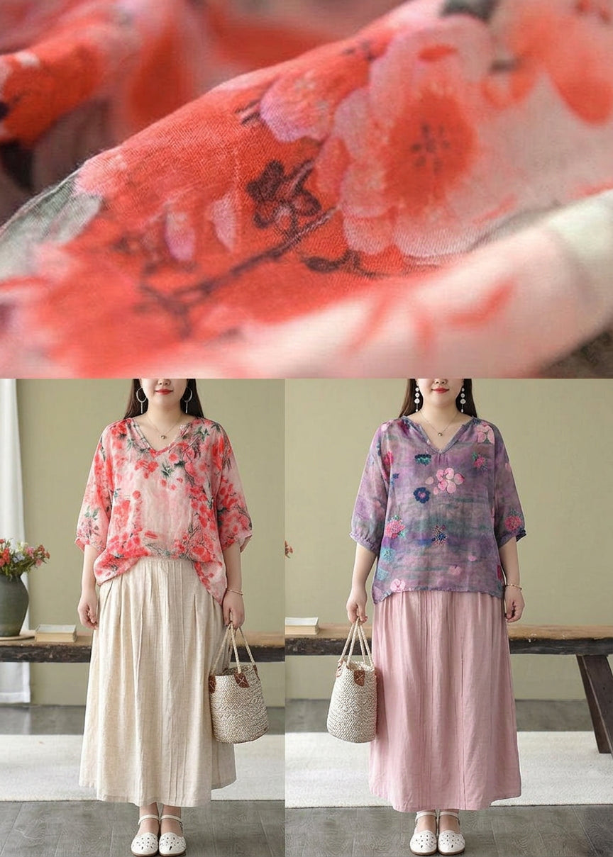 Estelle - Boutique Rosa V-ringad Tryckt Lätt Höstblus med Halv Ärmar