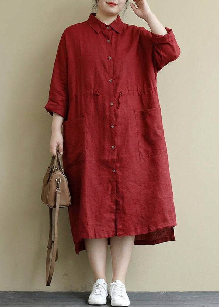 Isolde - Röd Linne Skjortklänning Casual Oversize Vår Maxi Klänningar