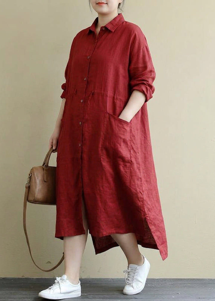 Isolde - Röd Linne Skjortklänning Casual Oversize Vår Maxi Klänningar