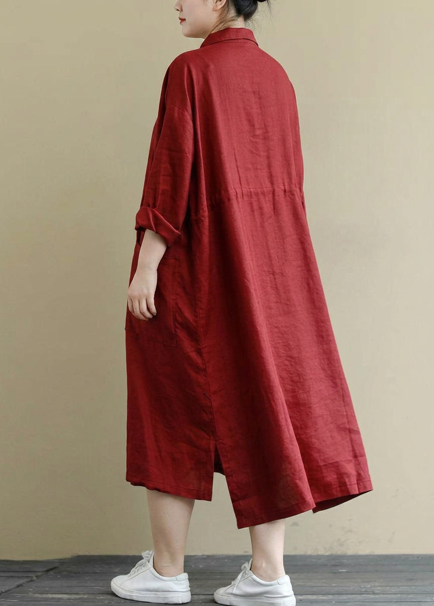 Isolde - Röd Linne Skjortklänning Casual Oversize Vår Maxi Klänningar