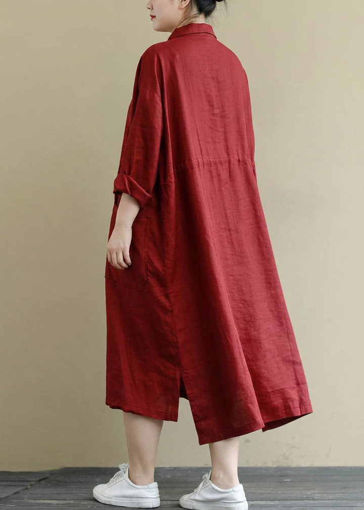Isolde - Röd Linne Skjortklänning Casual Oversize Vår Maxi Klänningar