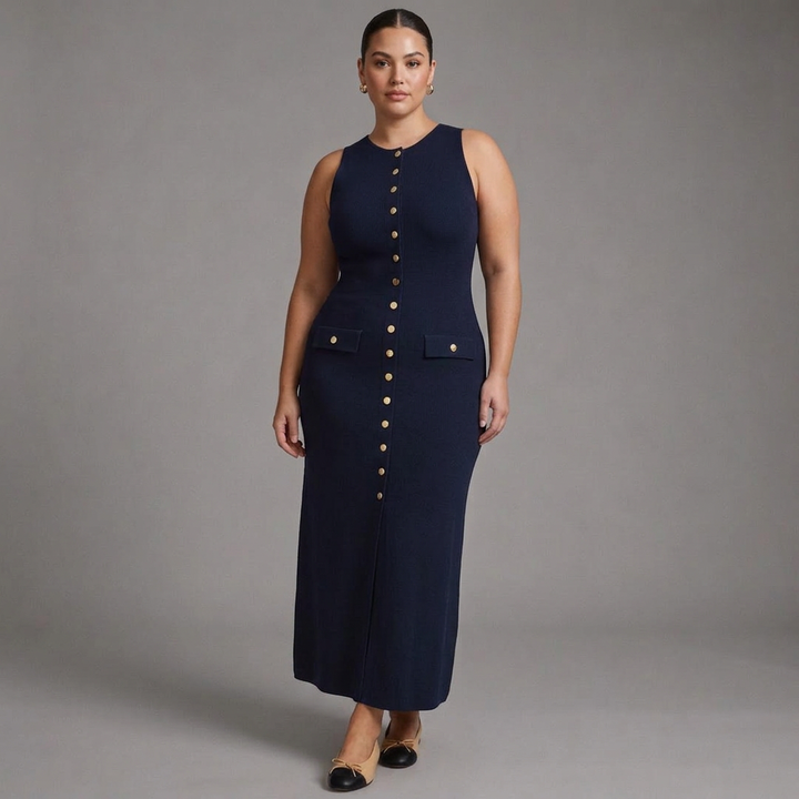 Quinn – Elegant ärmlös knappradad bodycon stickad maxiklänning