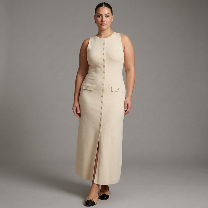 Quinn – Elegant ärmlös knappradad bodycon stickad maxiklänning