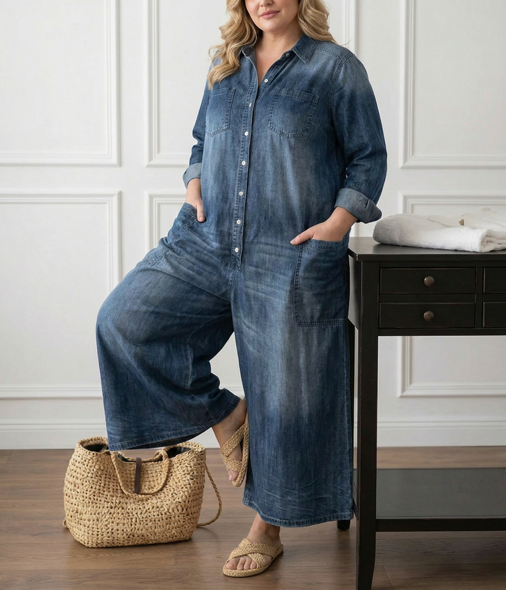 Pearl | Vintage Tvättad Mjuk Bomullsdenim Jumpsuit med Knäppning