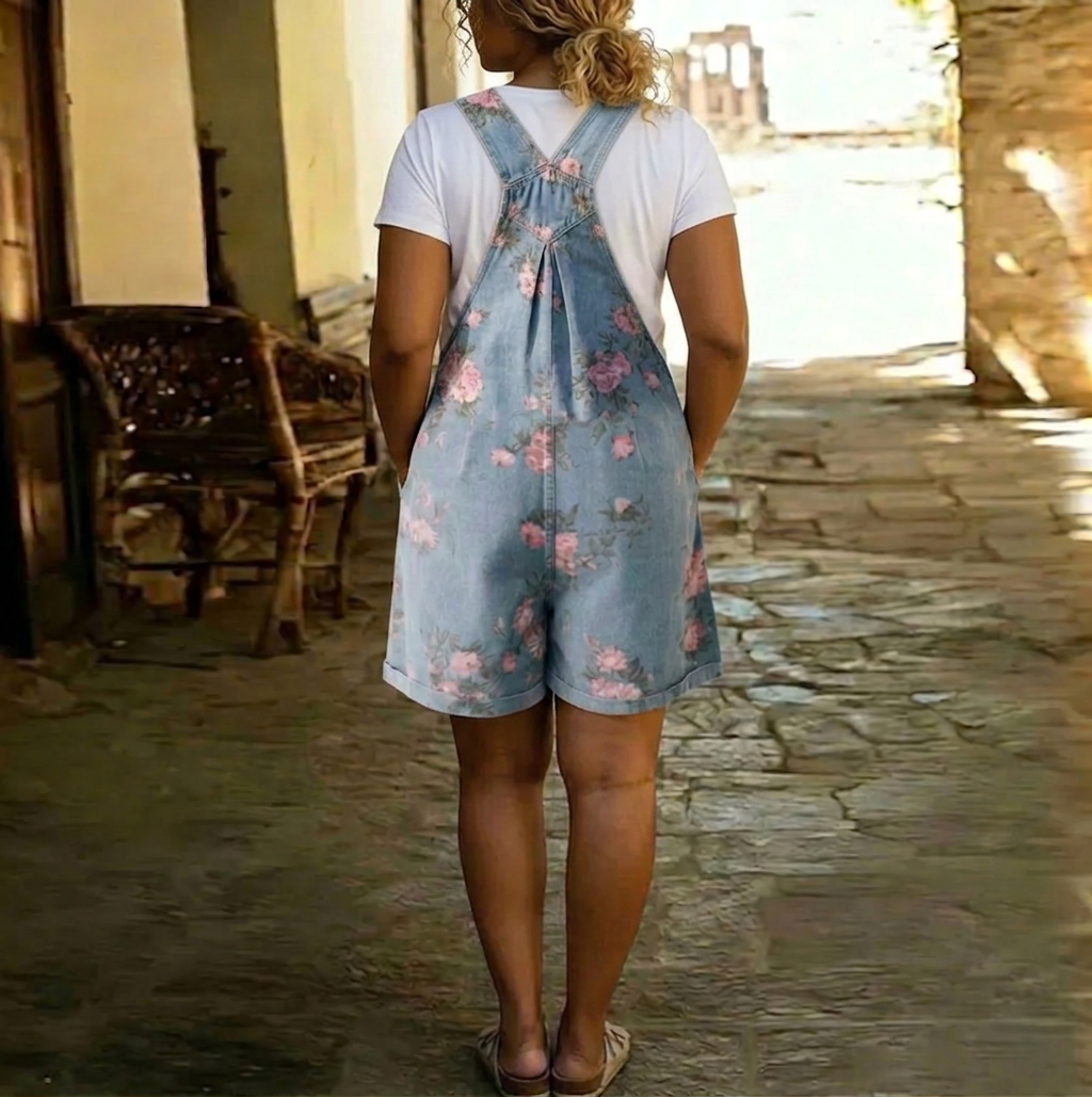 Solene | Vintage Tvättad Mjuk Bomullskänsla Denim Blommig Jumpsuit