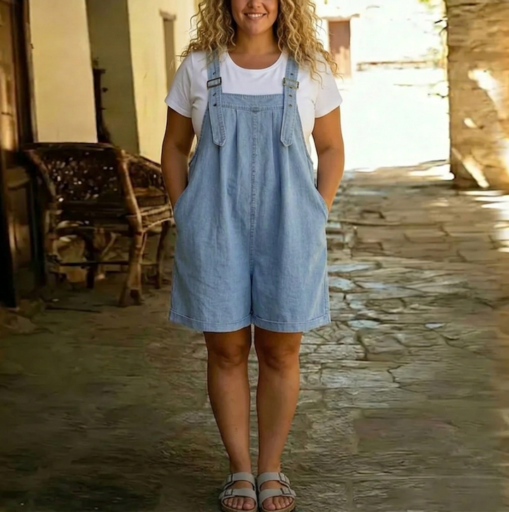 Romaine | Vintage Tvättad Mjuk Bomullskänsla Denim Kort Overall Ljusblå