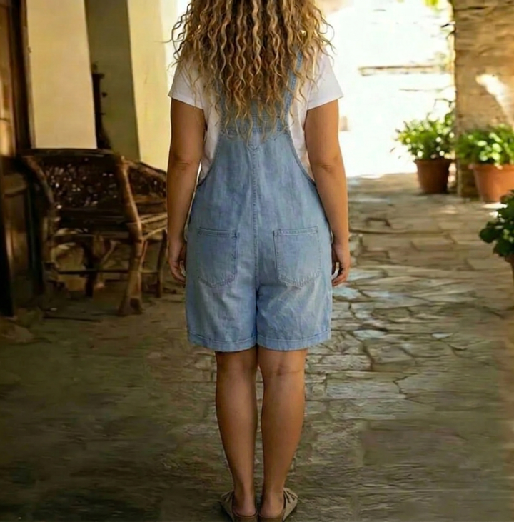 Romaine | Vintage Tvättad Mjuk Bomullskänsla Denim Kort Overall Ljusblå