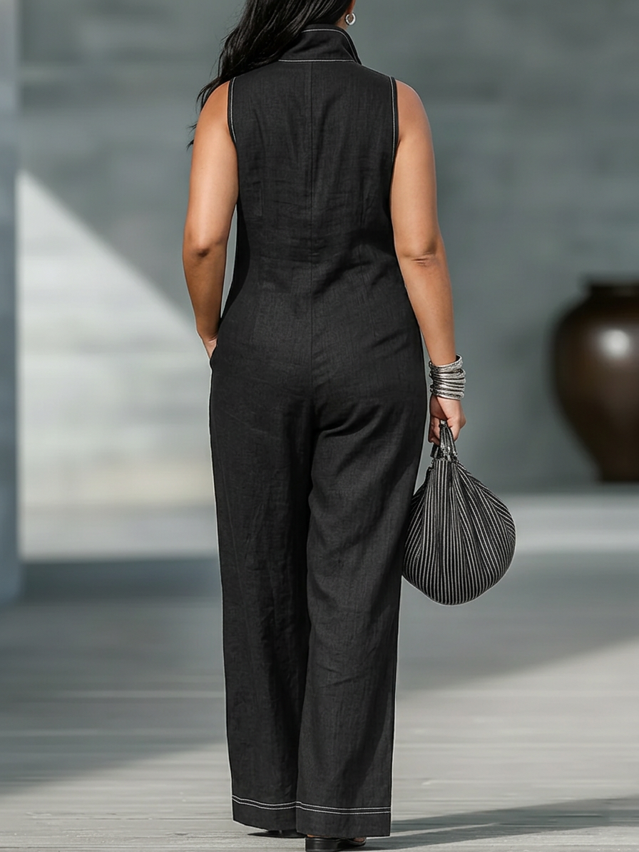 Kvinnors Minimalistiska Ärmlös Jumpsuit med Vit Kant