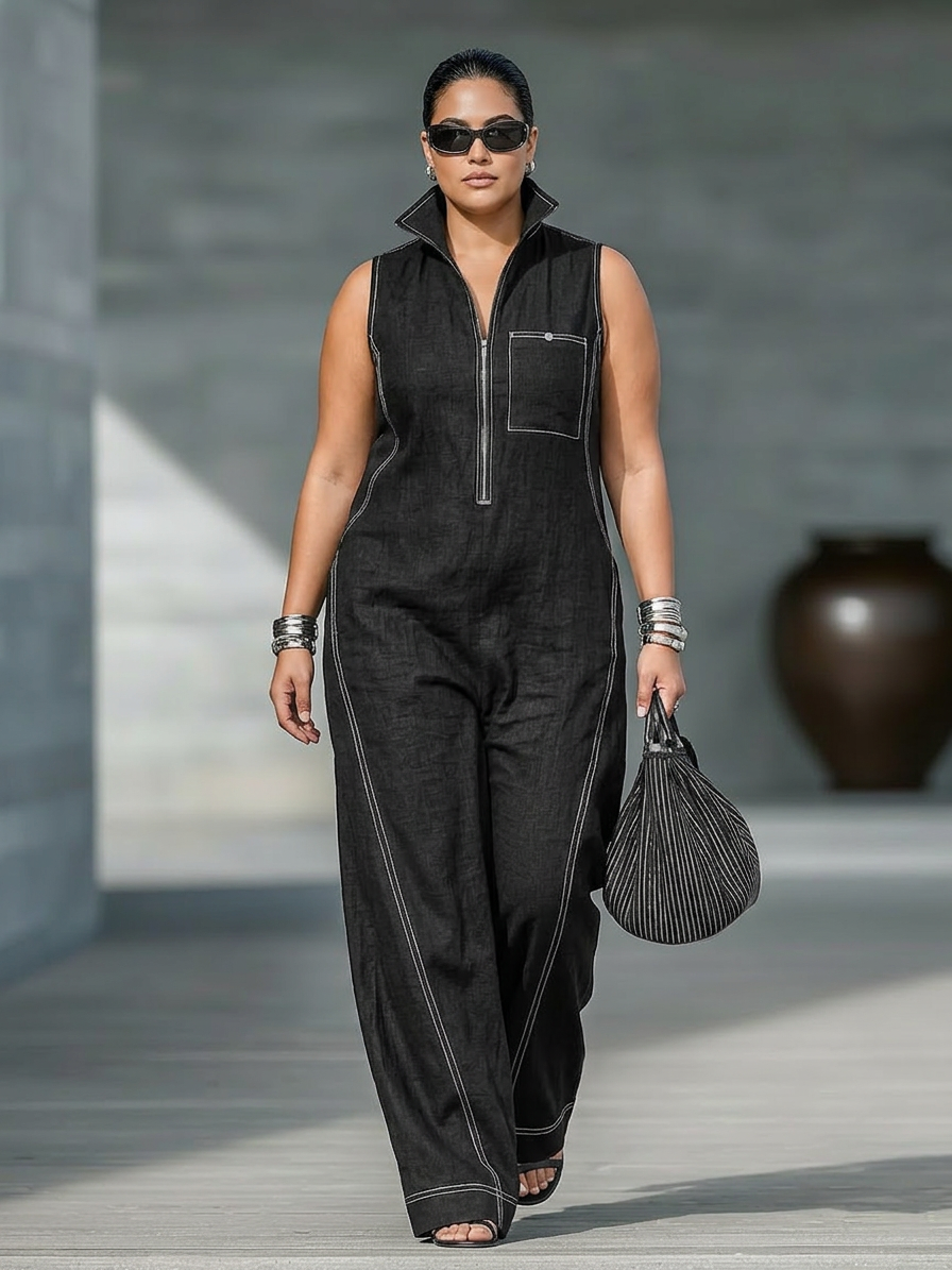 Kvinnors Minimalistiska Ärmlös Jumpsuit med Vit Kant
