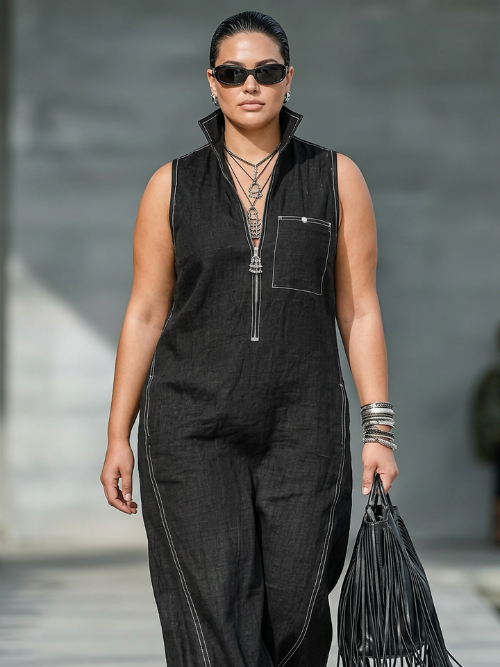 Kvinnors Minimalistiska Ärmlös Jumpsuit med Vit Kant