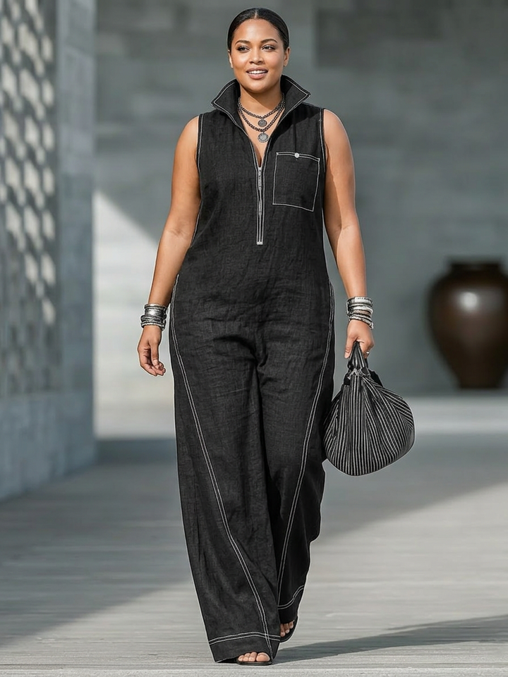 Kvinnors Minimalistiska Ärmlös Jumpsuit med Vit Kant