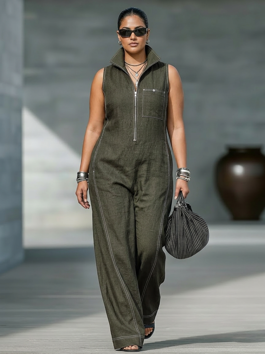 Kvinnors Minimalistiska Ärmlös Jumpsuit med Vit Kant