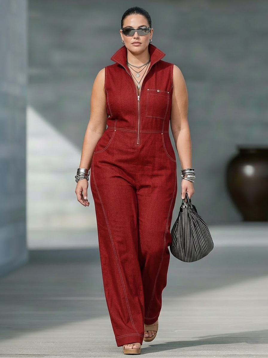 Kvinnors Minimalistiska Ärmlös Jumpsuit med Vit Kant