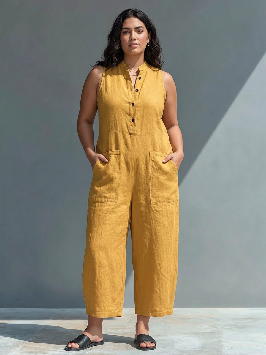Ärmlös Minimalistisk Jumpsuit för Kvinnor med Hög Krage och Knappar