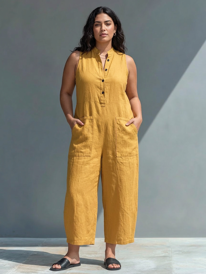 Ärmlös Minimalistisk Jumpsuit för Kvinnor med Hög Krage och Knappar